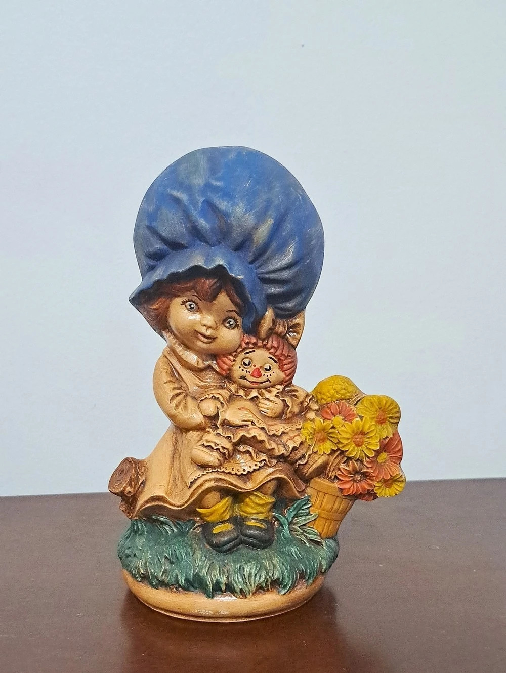 Vintage Hand Painted 1970's Raggedy Ann Like Ceramic Figurine With Flowers
